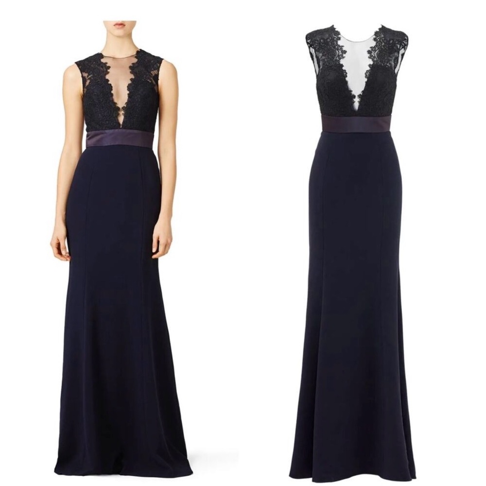 Theia Navy Blue Lace Evening Gown